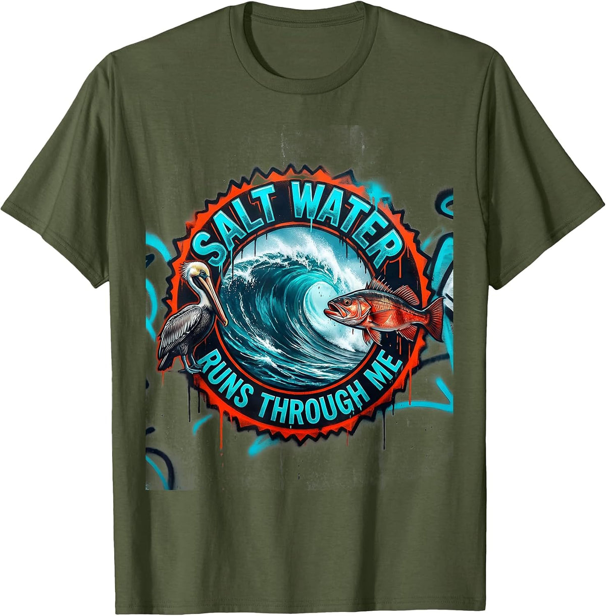 Salt Water Runs Through Me Gulf of Mexico Design T-Shirt - Olive Green