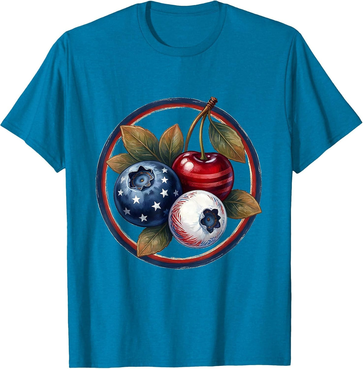 Red White and Blueberries Patriotic Fruit Art T-Shirt - Sapphire Blue