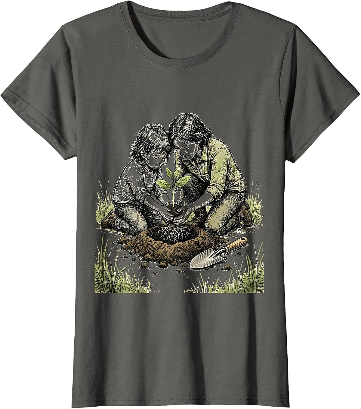 Women's Preschool Teacher Planting Seedling With Child T-Shirt - Asphalt Grey