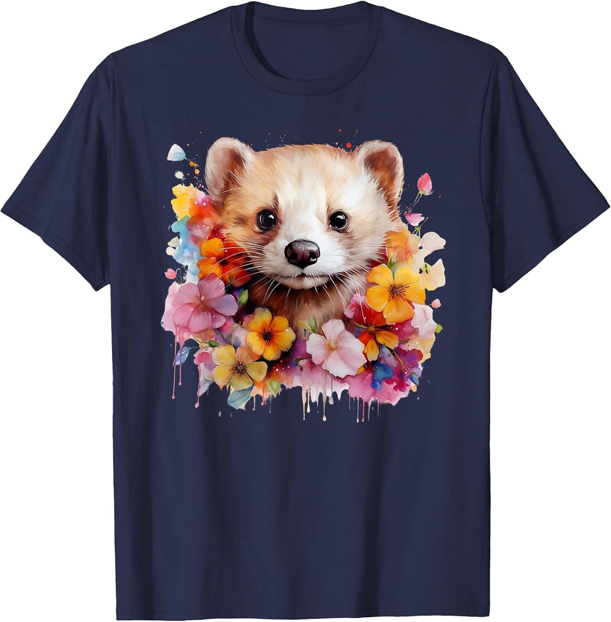 Pet Ferret Watercolor Flowers Ferret Mom T-Shirt - Navy Blue
