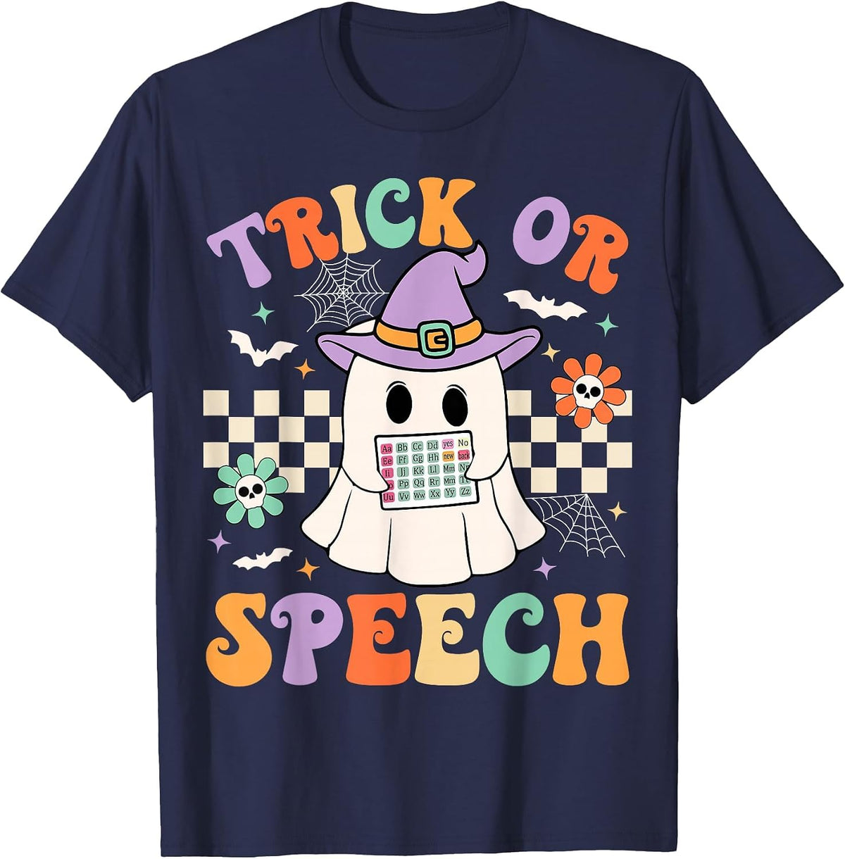 Trick or Speech Halloween SLP Retro Speech Therapy Halloween T-Shirt - Navy Blue