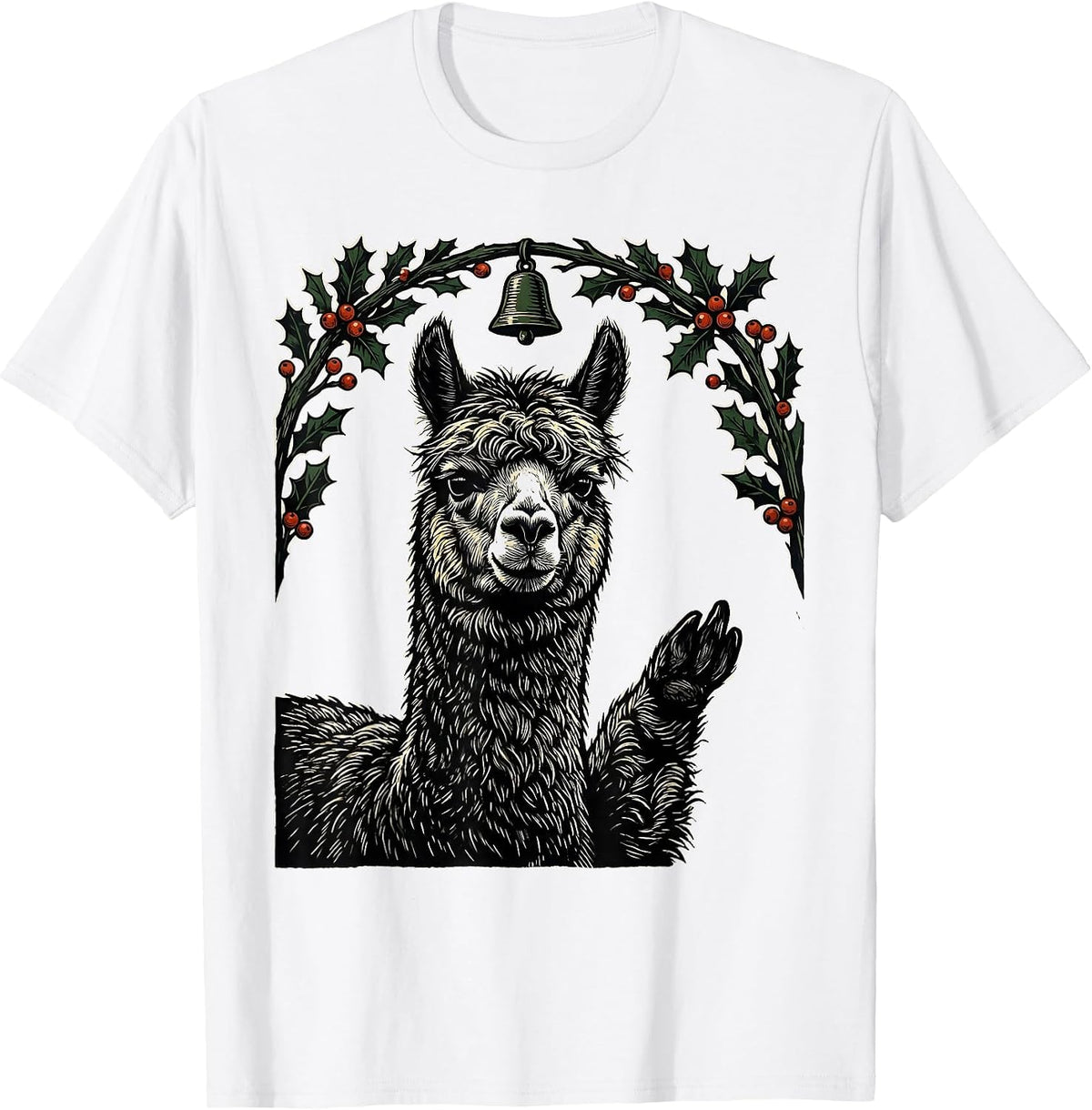 Men's Alpaca Greeting Linocut Funny Animal Lover Gift T-Shirt - White
