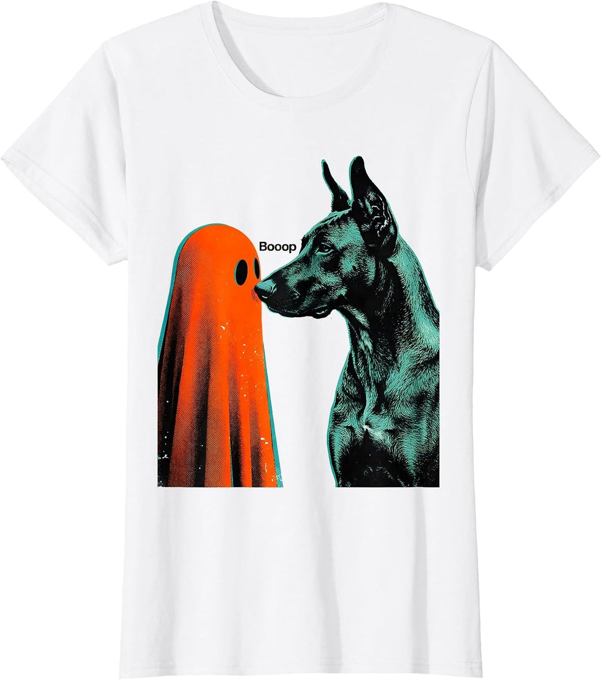 Women's Booop Risograph Funny Dog Ghost Halloween Dog Mom T-Shirt - White
