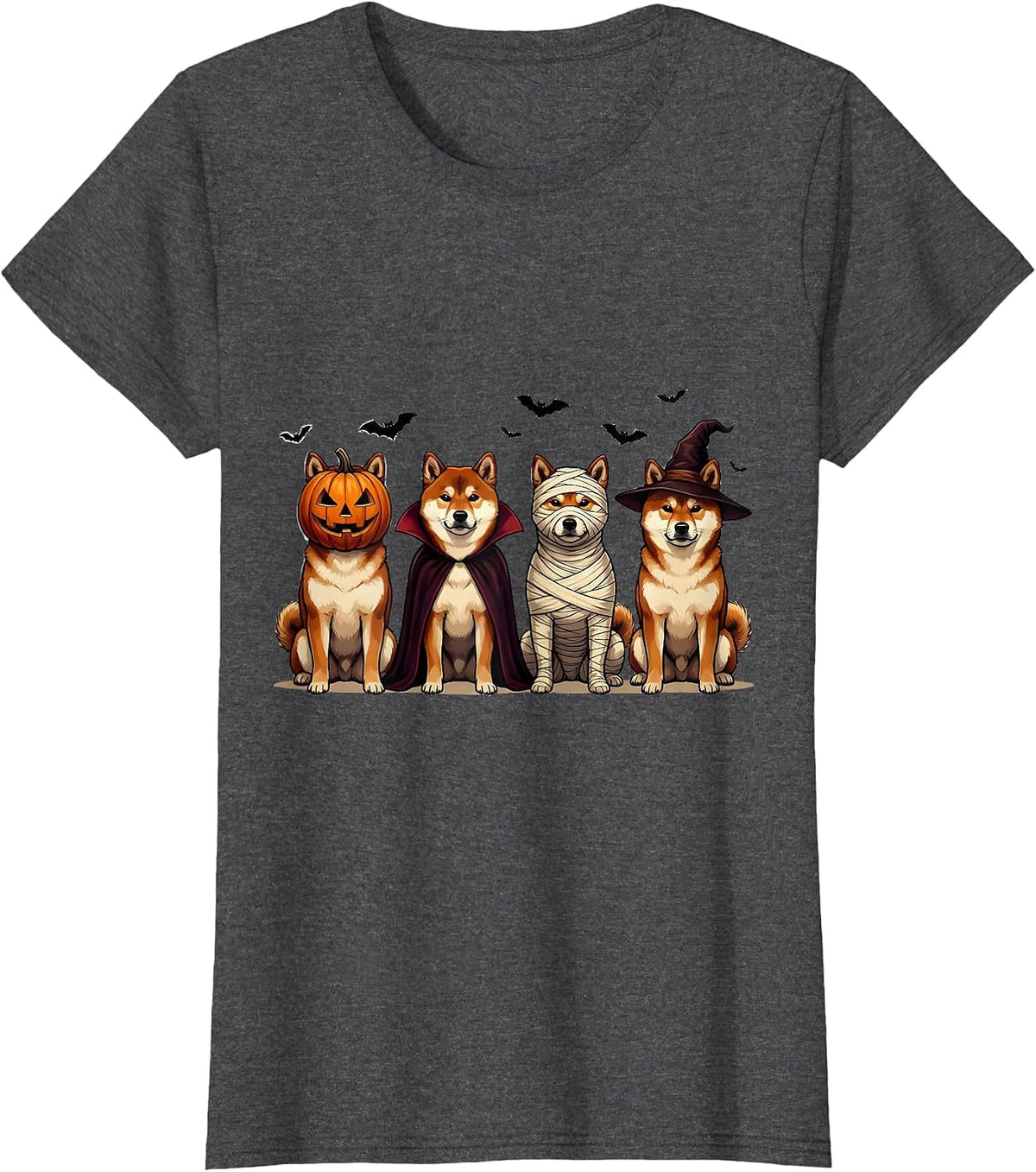 Women's Halloween Shiba Inu Squad Pumpkin Vampire Mummy Witch Dog T-Shirt - Dark Heather Grey