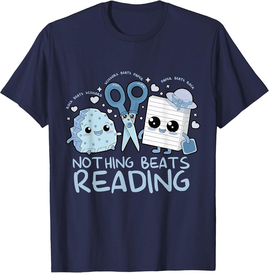 Rock Paper Scissors Nothing Beats Reading Book Lover T-Shirt - Navy Blue