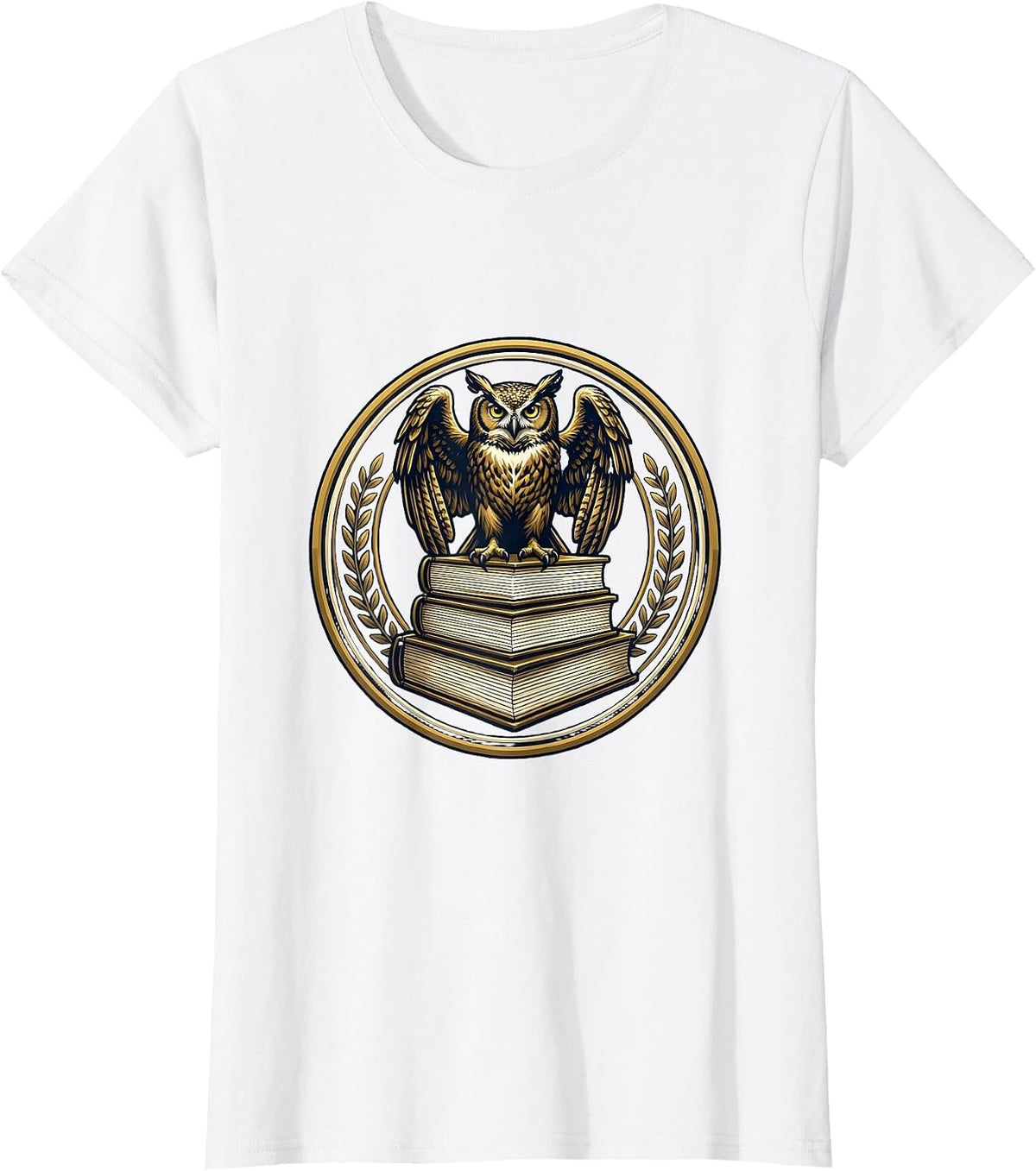 Women's Wise Owl on Stacked Books Illustration T-Shirt - White
