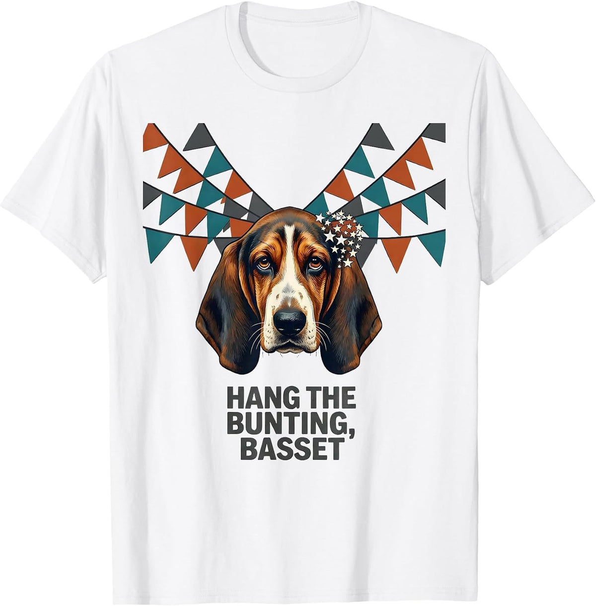 Men's Hang The Bunting, Basset Midcentury Modern Patriotic Dog T-Shirt - White