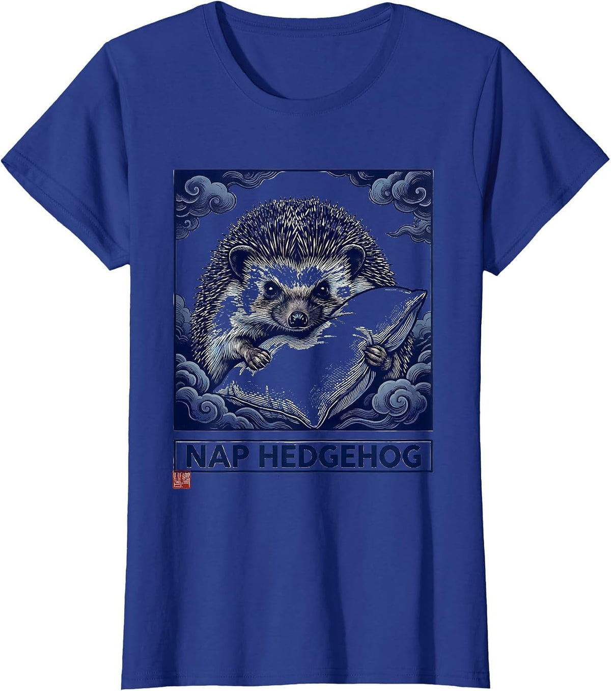 Women's Nap Hedgehog Ukiyo-e Japanese Pop Culture Animal Mashup T-Shirt - Royal Blue