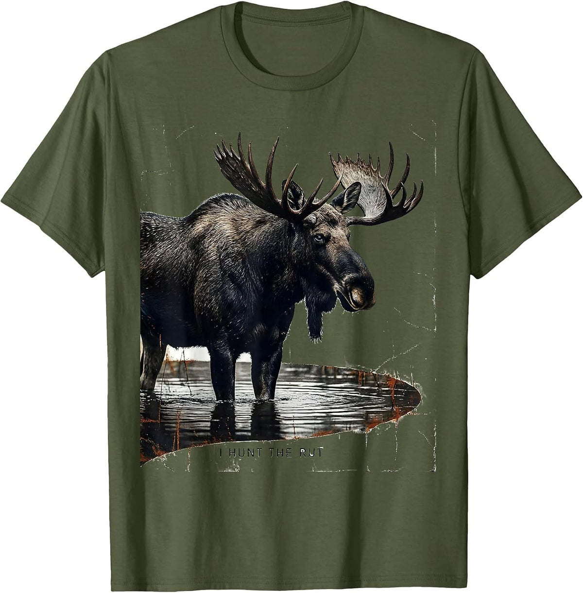 Men's I Hunt The Rut Distressed Moose Hunting Wildlife Outdoor T-Shirt - Olive Green