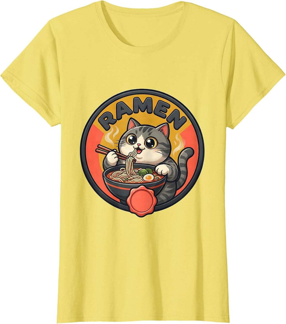 Women's RAMEN Cute Kawaii Cat Anime Japanese Food Humor T-Shirt - Lemon Yellow
