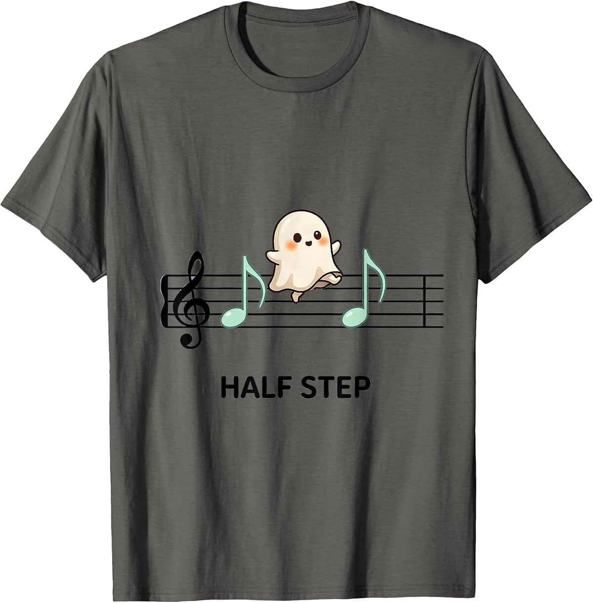 Half Step Cute Kawaii Ghost Music Teacher Halloween Humor T-Shirt - Asphalt Grey