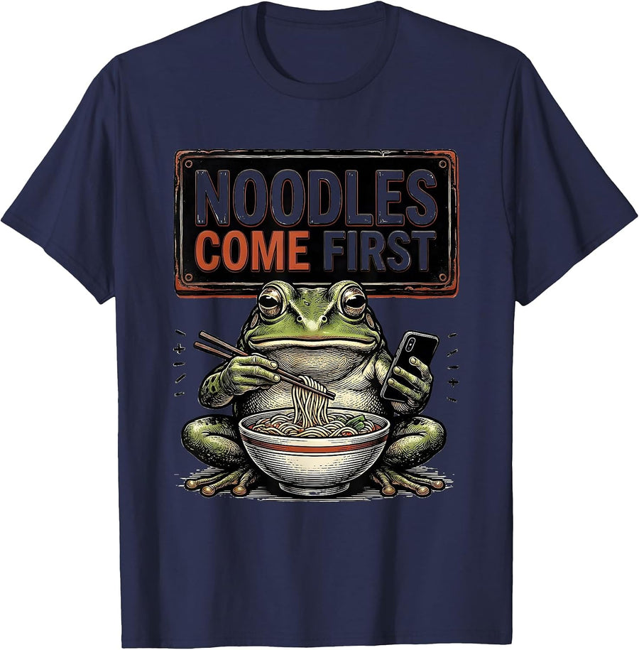 Noodles Come First Funny Grumpy Frog Japanese Art Ramen T-Shirt - Navy Blue