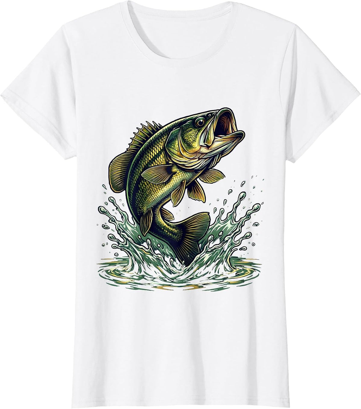 Largemouth Bass Leaping Fishing Graphic T-Shirt - White
