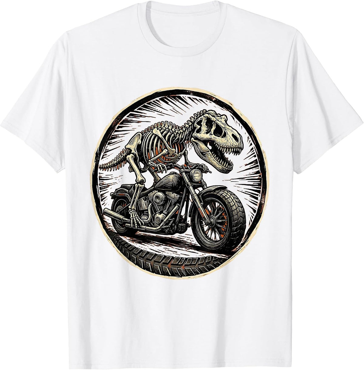 Men's T-Rex Skeleton Riding Motorcycle Dinosaur T-Shirt - White