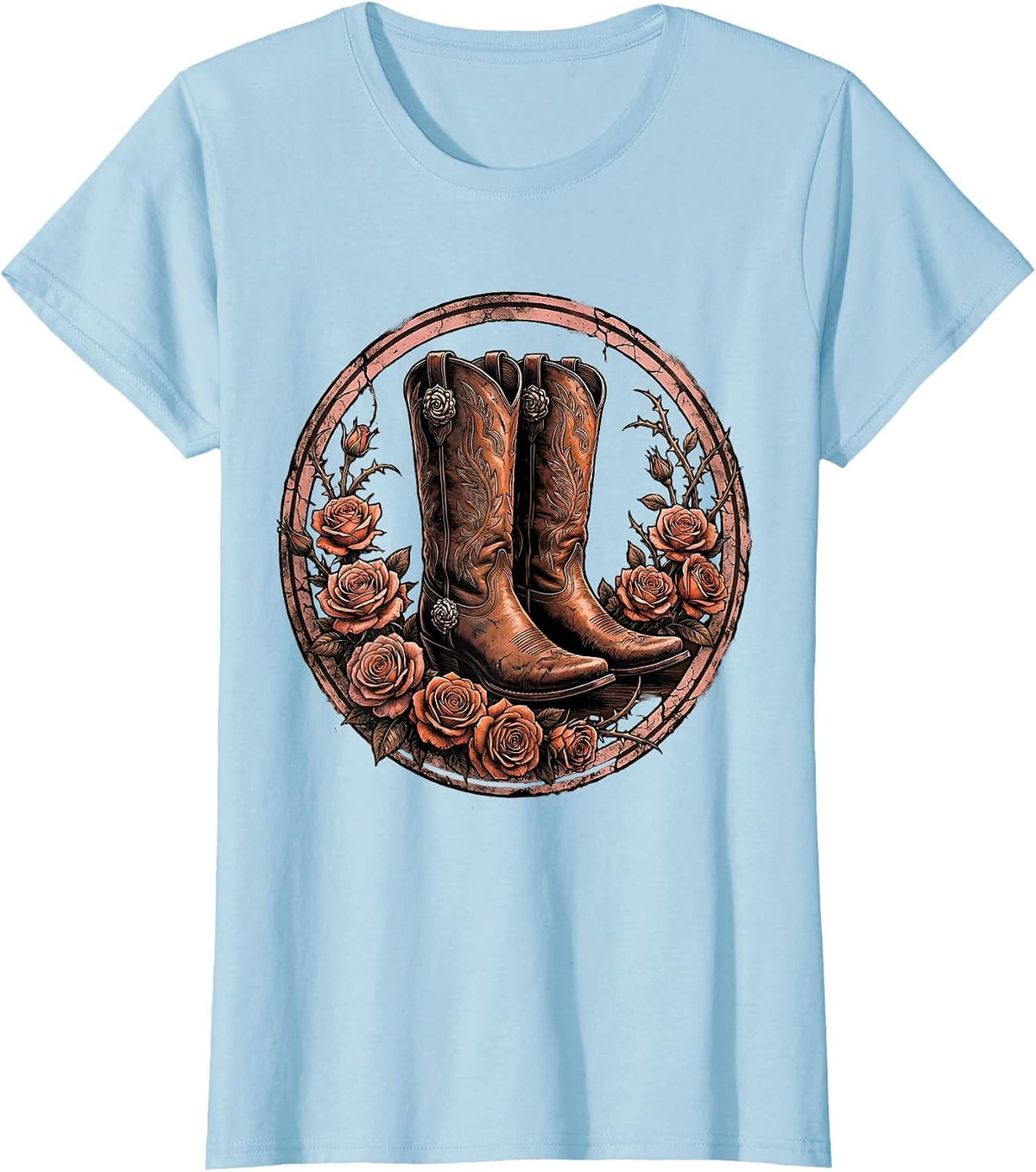 Cowgirl Boots Spurs and Roses Rodeo Design T-Shirt - Baby Blue