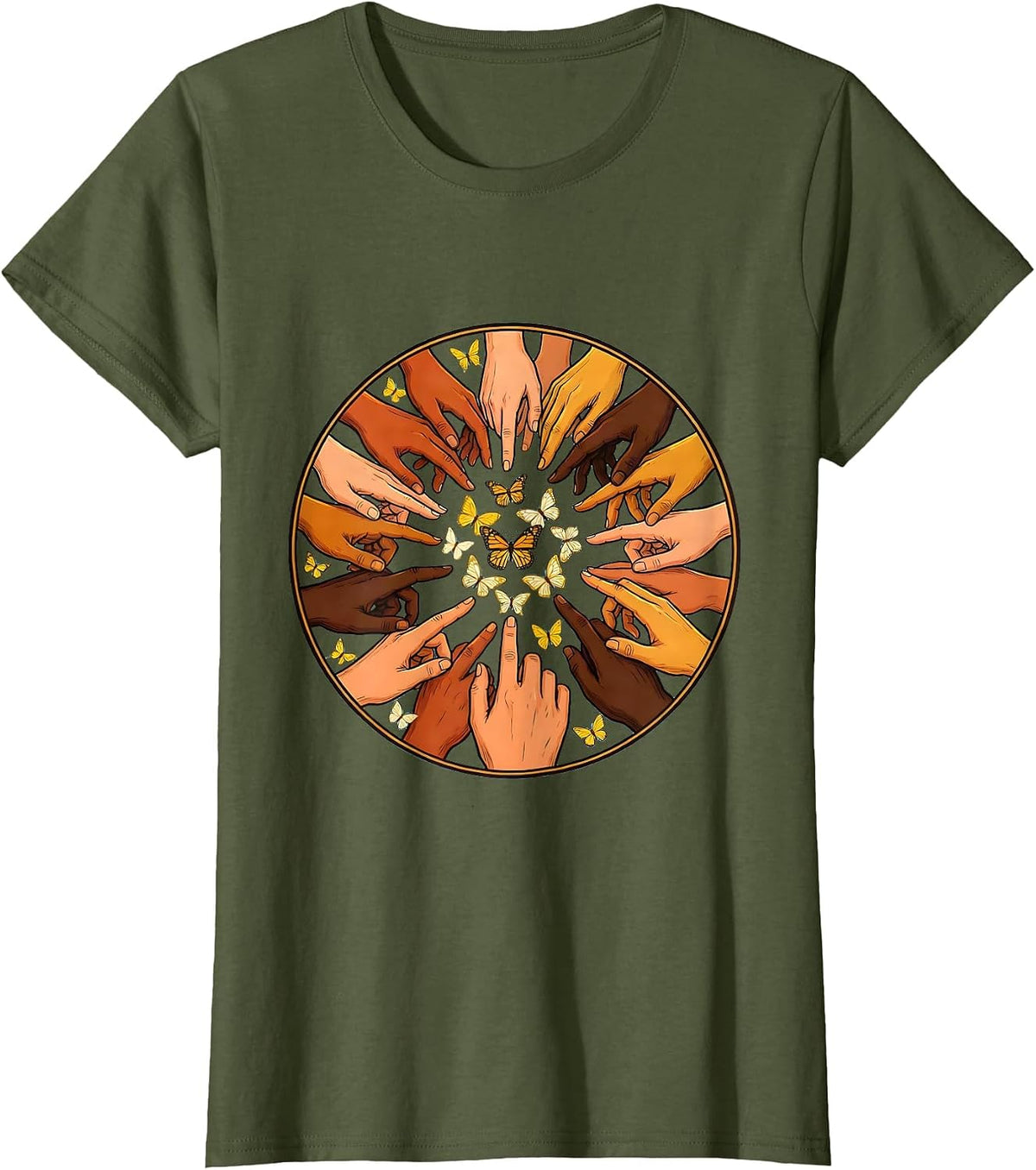 Women's Down Syndrome Awareness Diverse Hands Circle T-Shirt - Olive Green
