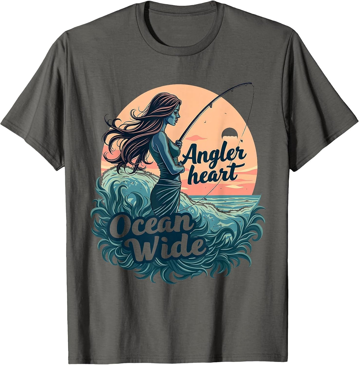 Angler Heart Ocean Wide Fishing Design T-Shirt - Asphalt Grey