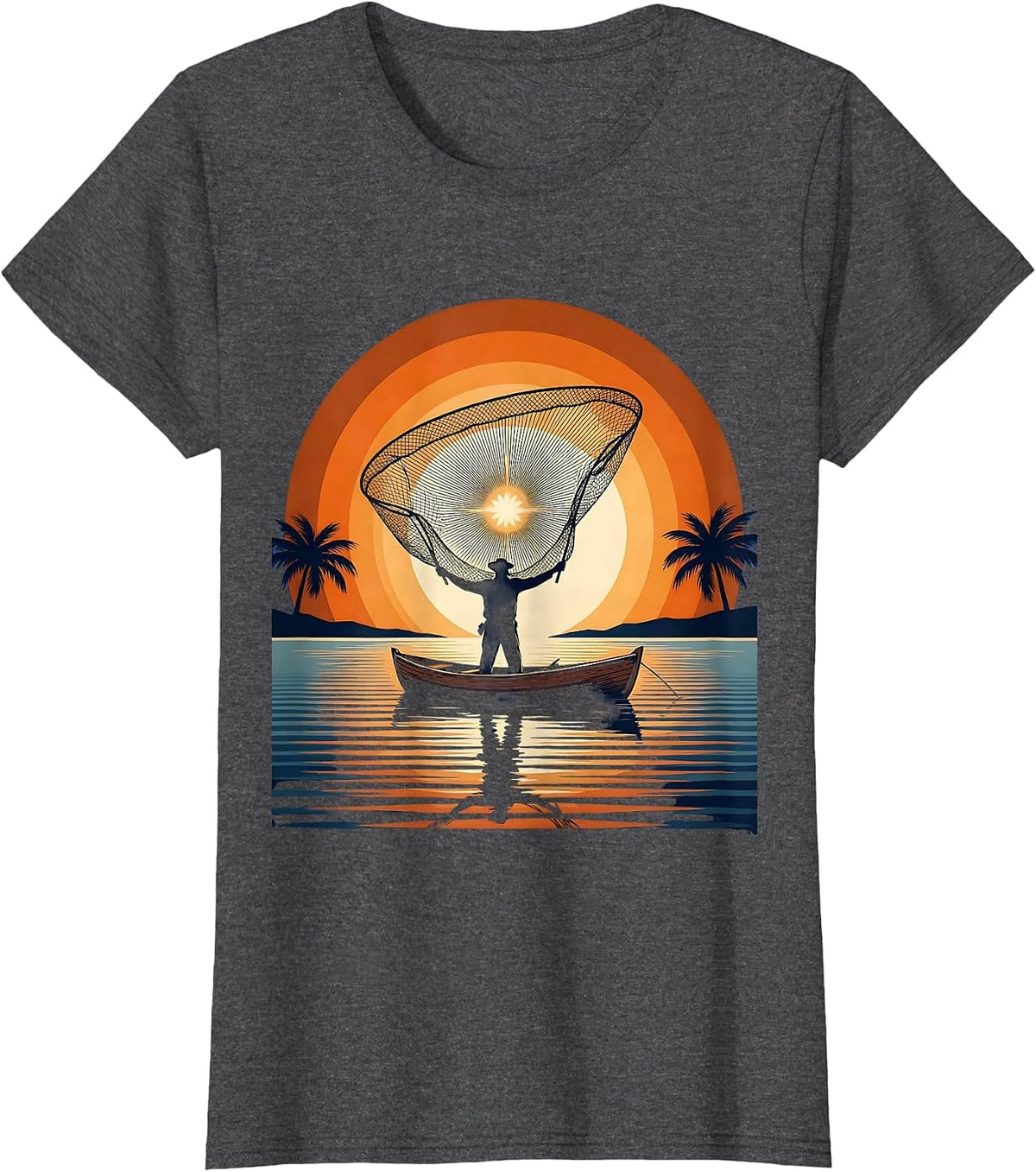 Women's Puerto Rico Fisherman Sunset Casting Net Art T-Shirt - Dark Heather Grey