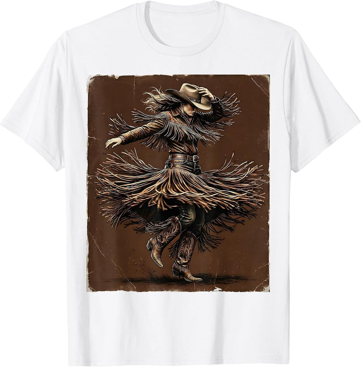 Men's Cowgirl Rodeo Spin Flying Fringe Graphic Tee T-Shirt - White