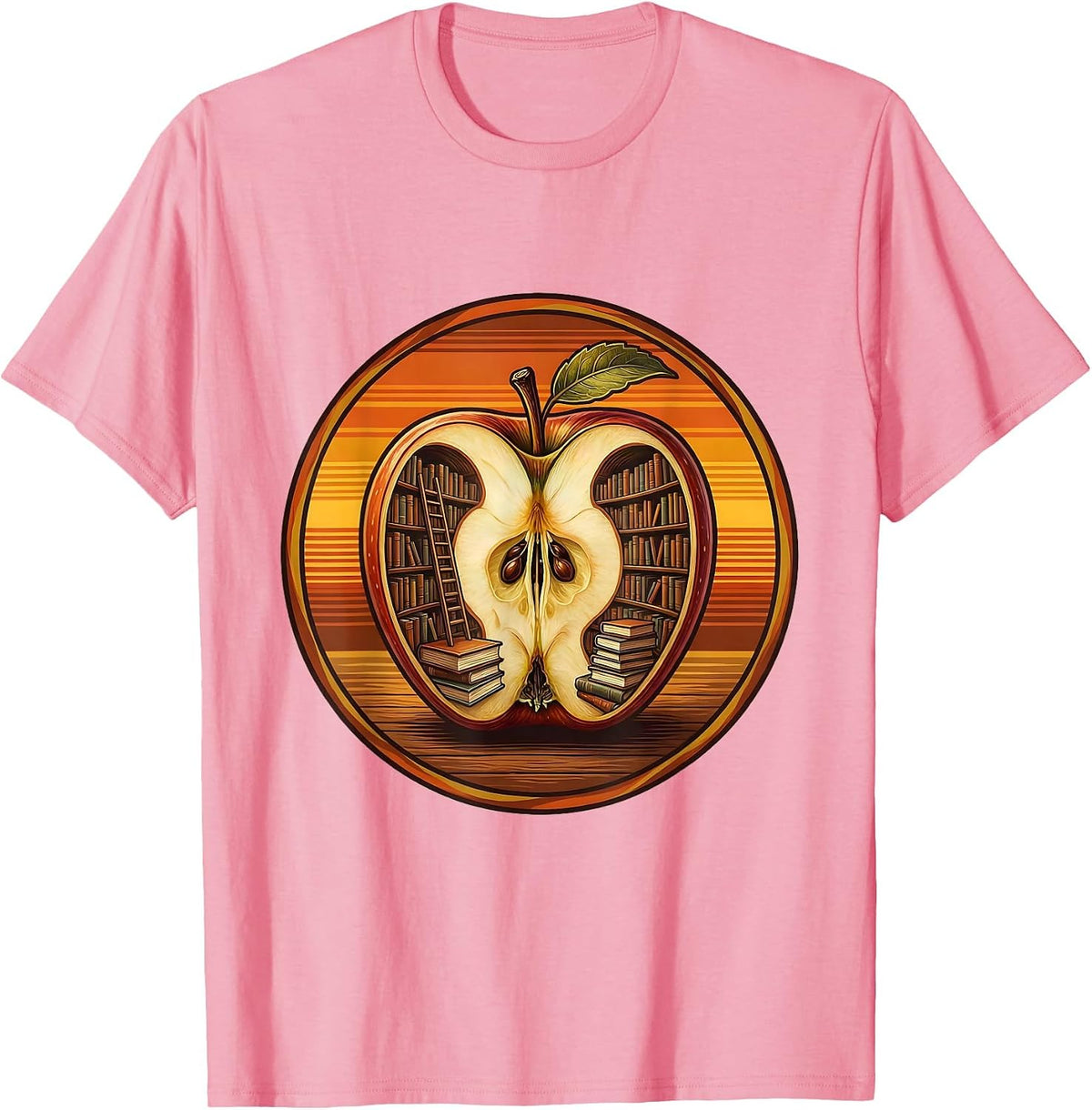 English Teacher Apple Bookshelf Illustration T-Shirt - Pink