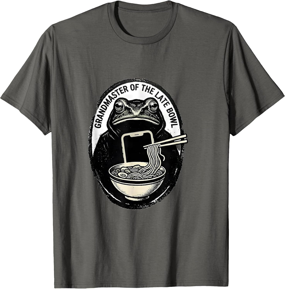 Grandmaster of the Late Bowl Funny Grumpy Frog Ramen Phone T-Shirt - Asphalt Grey