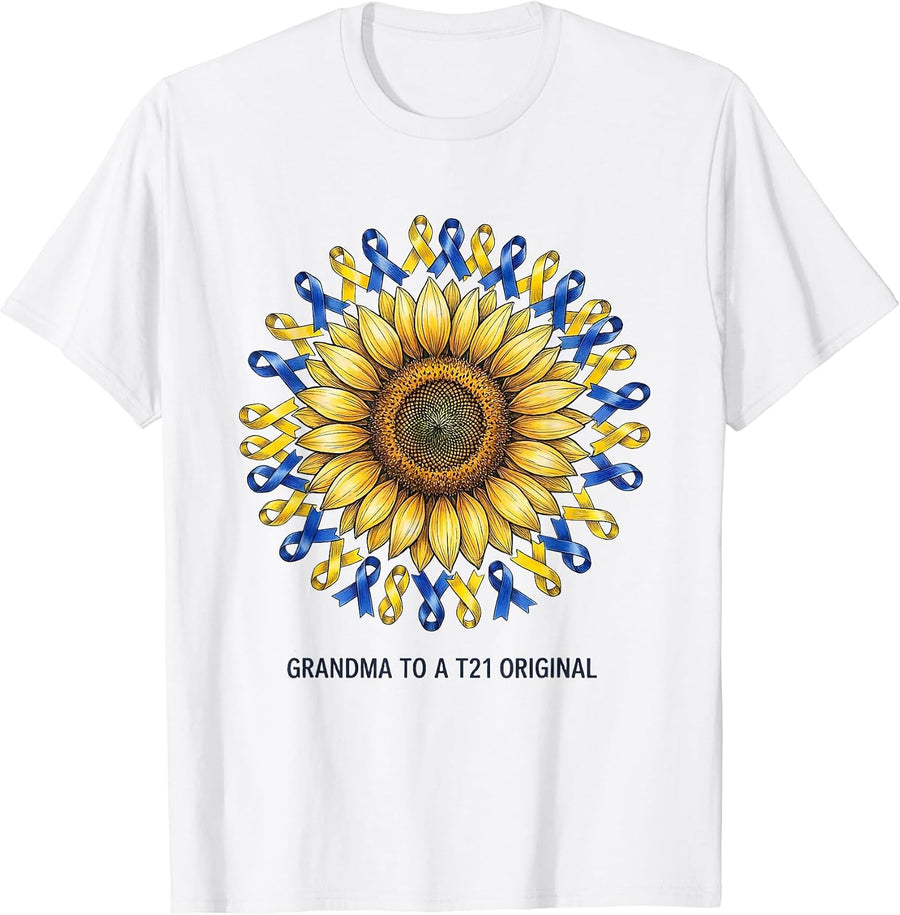 Men's Grandma To A T21 Original Down Syndrome Awareness Sunflower T-Shirt - White