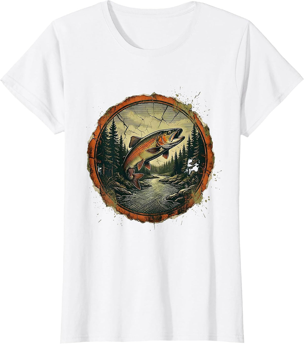 Women's Trout Stream Pine Forest Fly Fishing Illustration T-Shirt - White