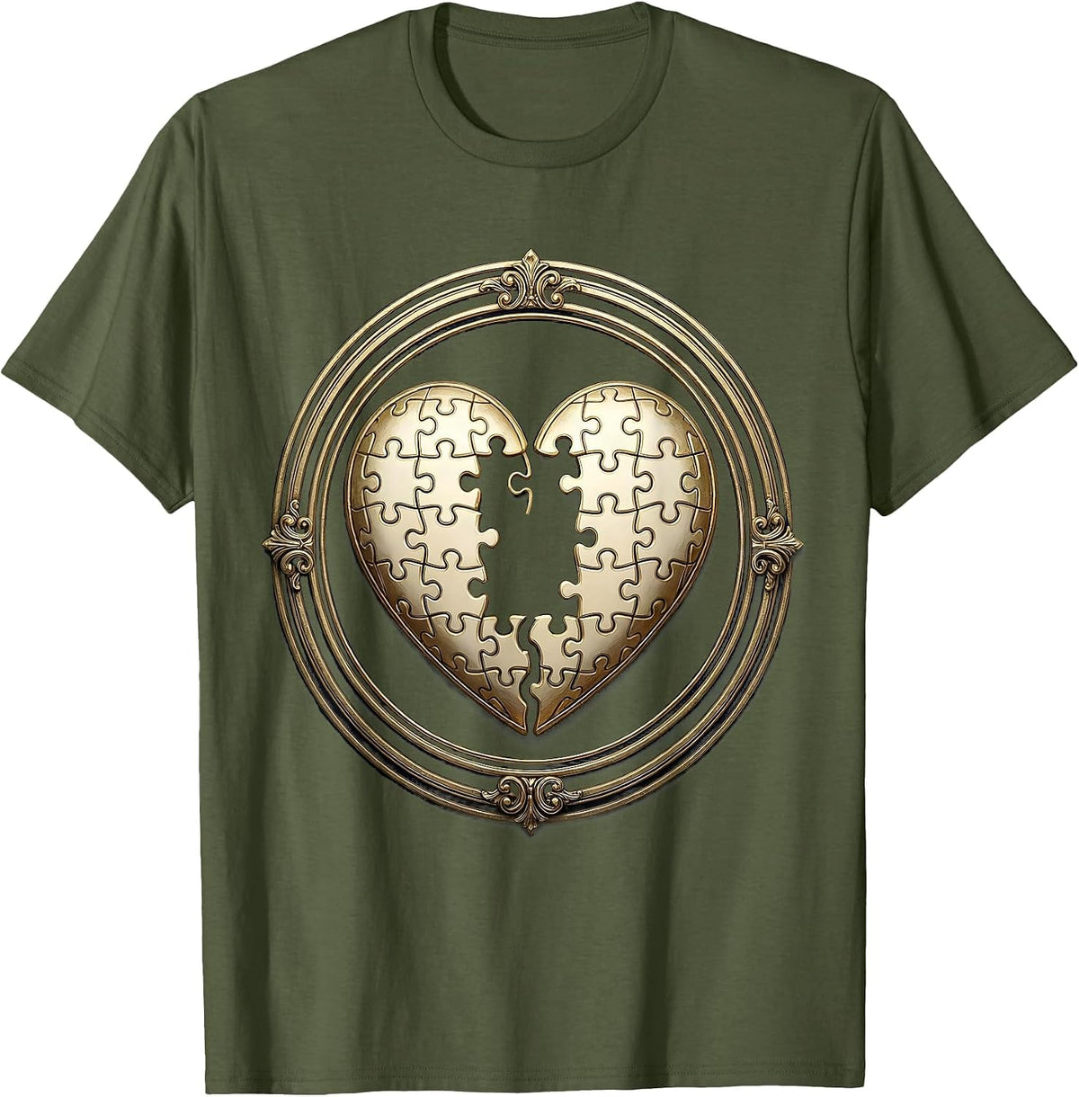 Men's Interlocking Puzzle Heart Graphic Design T-Shirt - Olive Green