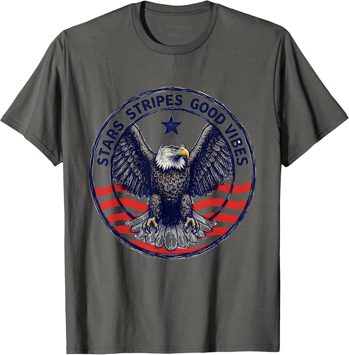 Men's Stars Stripes Good Vibes USA Patriotic Design T-Shirt - Asphalt Grey