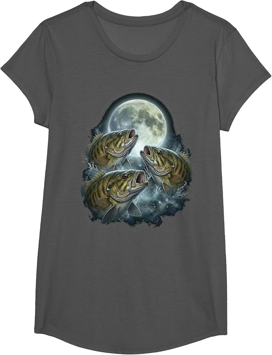 Smallmouth Bass Howling Moon Design Vintage Bass Fishing T-Shirt - Girls Asphalt Grey
