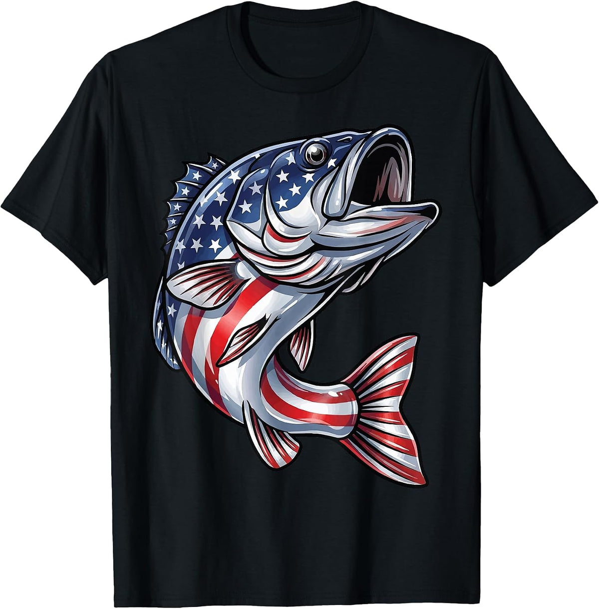 Bass Fish USA Flag Fishing 4th of July Patriot T-Shirt - Black