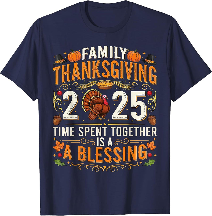 Thanksgiving 2025 Matching Family Tee Turkey Pumpkin Pilgrim T-Shirt - Navy Blue