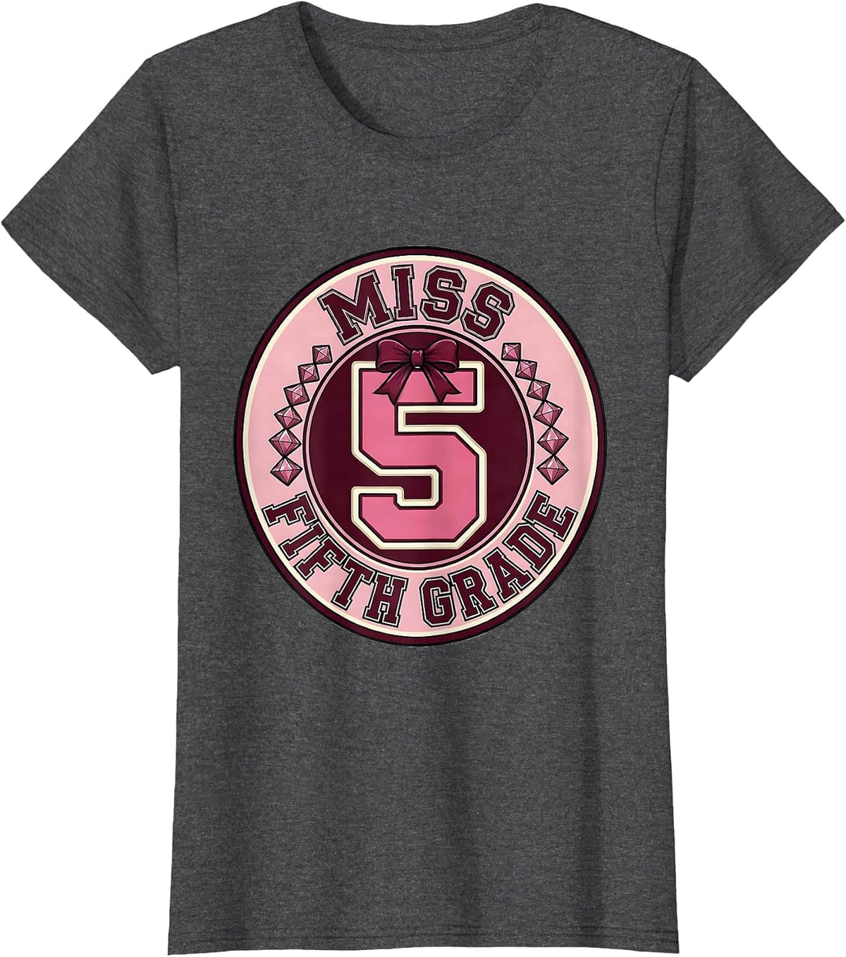Women's Miss Fifth Grade Sparkle Varsity Coquette Bow Back To School T-Shirt - Dark Heather Grey