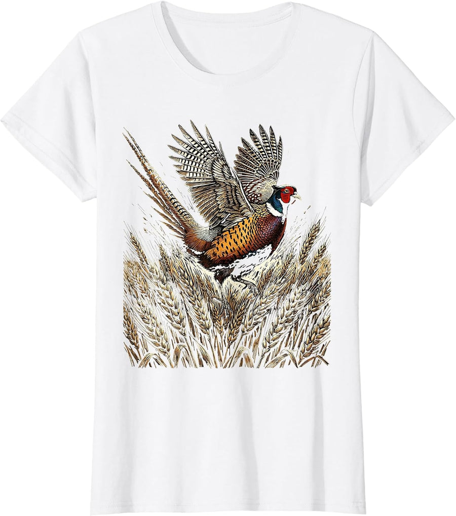 Women's Pheasant Flush Hunting Graphic Design T-Shirt - White