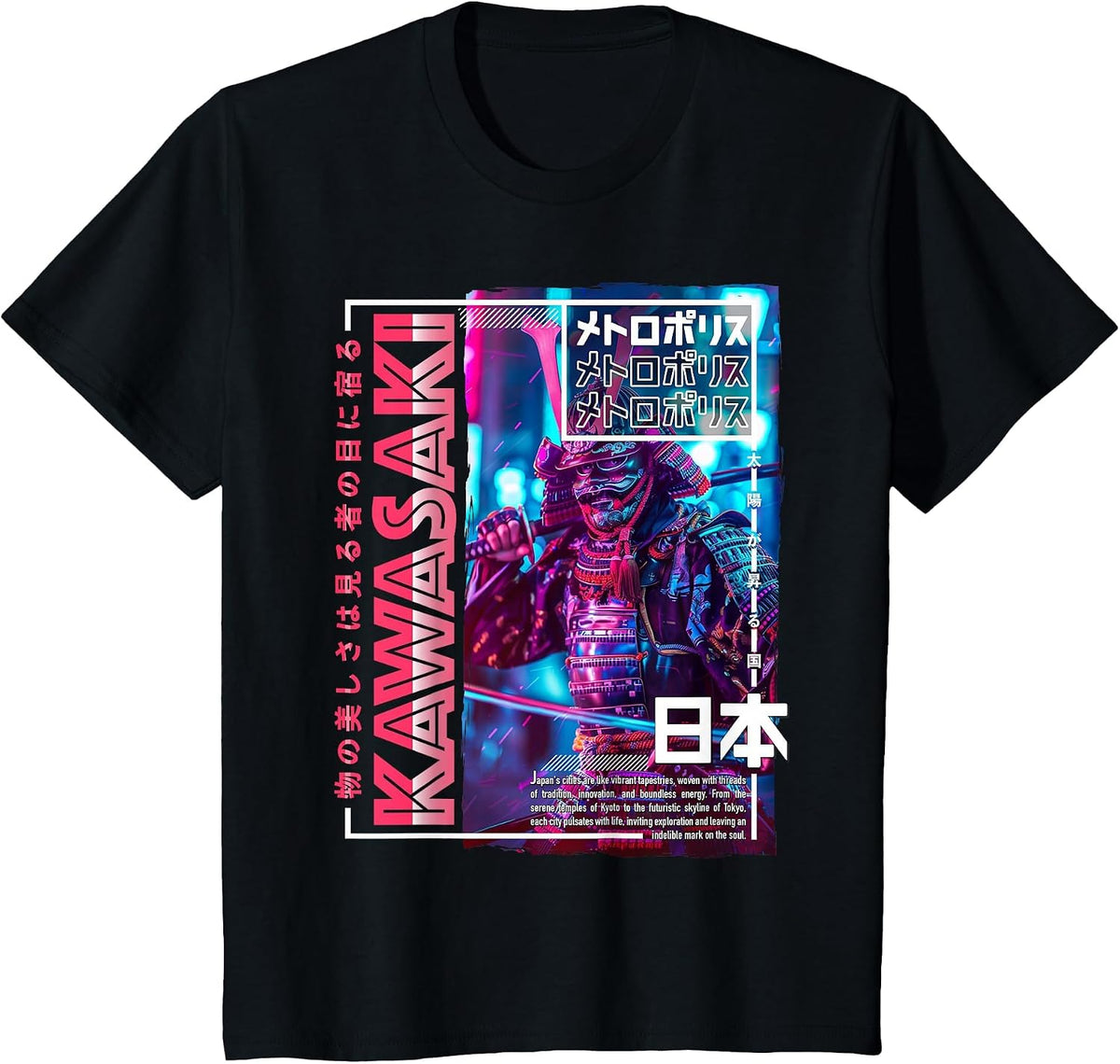 Kawasaki City 80s Synthwave Samurai Japan Kawasaki T-Shirt - Black