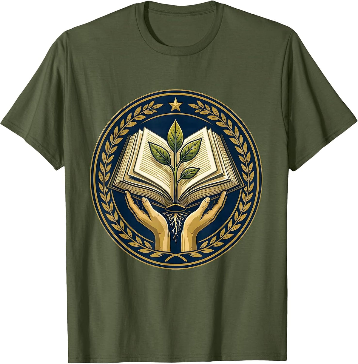 Sped Teacher Hands Planting Seedling in Textbook T-Shirt - Olive Green