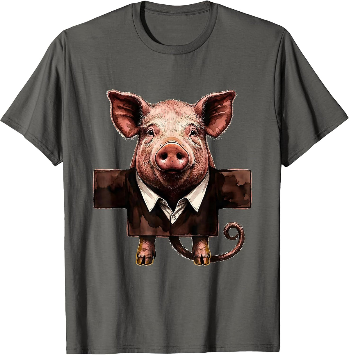 Pig Head Rising Through Collar Novelty Halloween Costume T-Shirt - Asphalt Grey