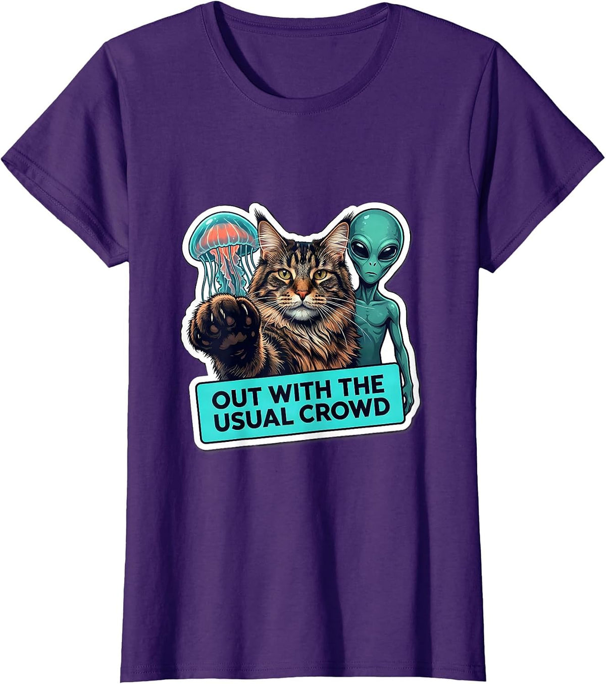 Women's Out With The Usual Crowd Funny Cat Lover Paranormal Humor T-Shirt - Purple