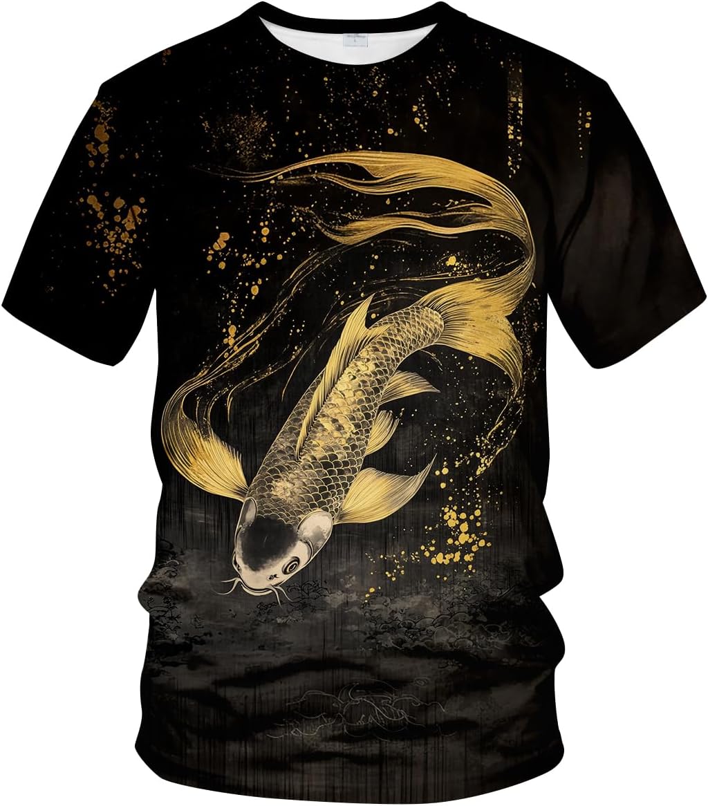 Funny Fishing Graphic T-Shirt Novelty Short Sleeve Crewneck Shirt - Gold