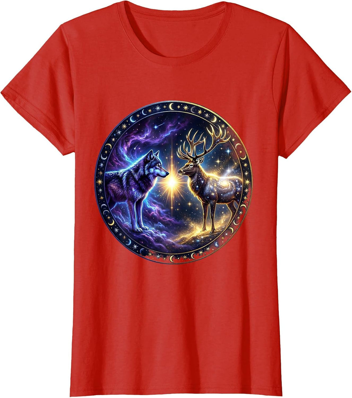 Wolf and Elk Standoff Wildlife Graphic T-Shirt - Red