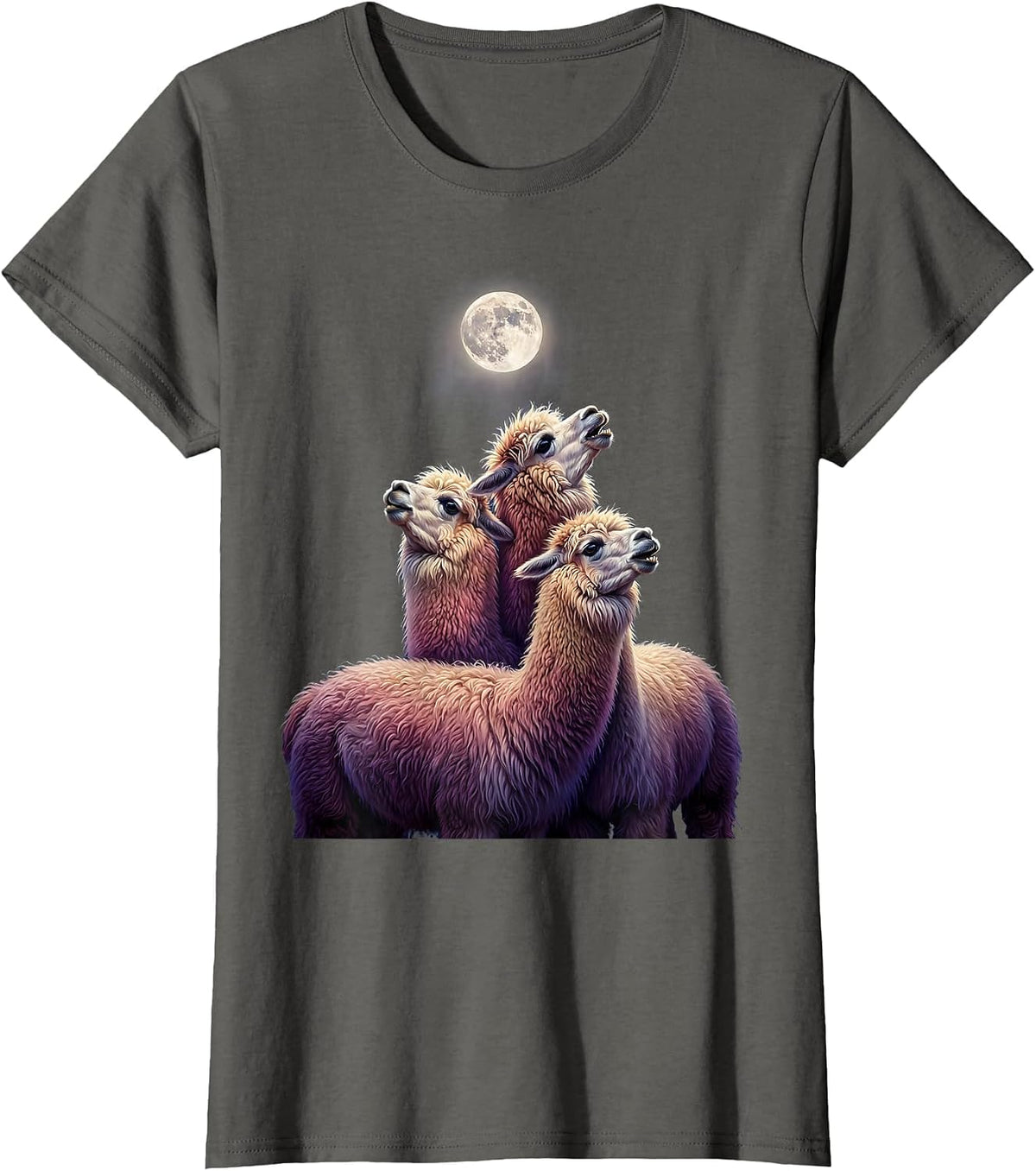 Women's Three Alpaca Moon Howling Absurd Meme Humor T-Shirt - Asphalt Grey