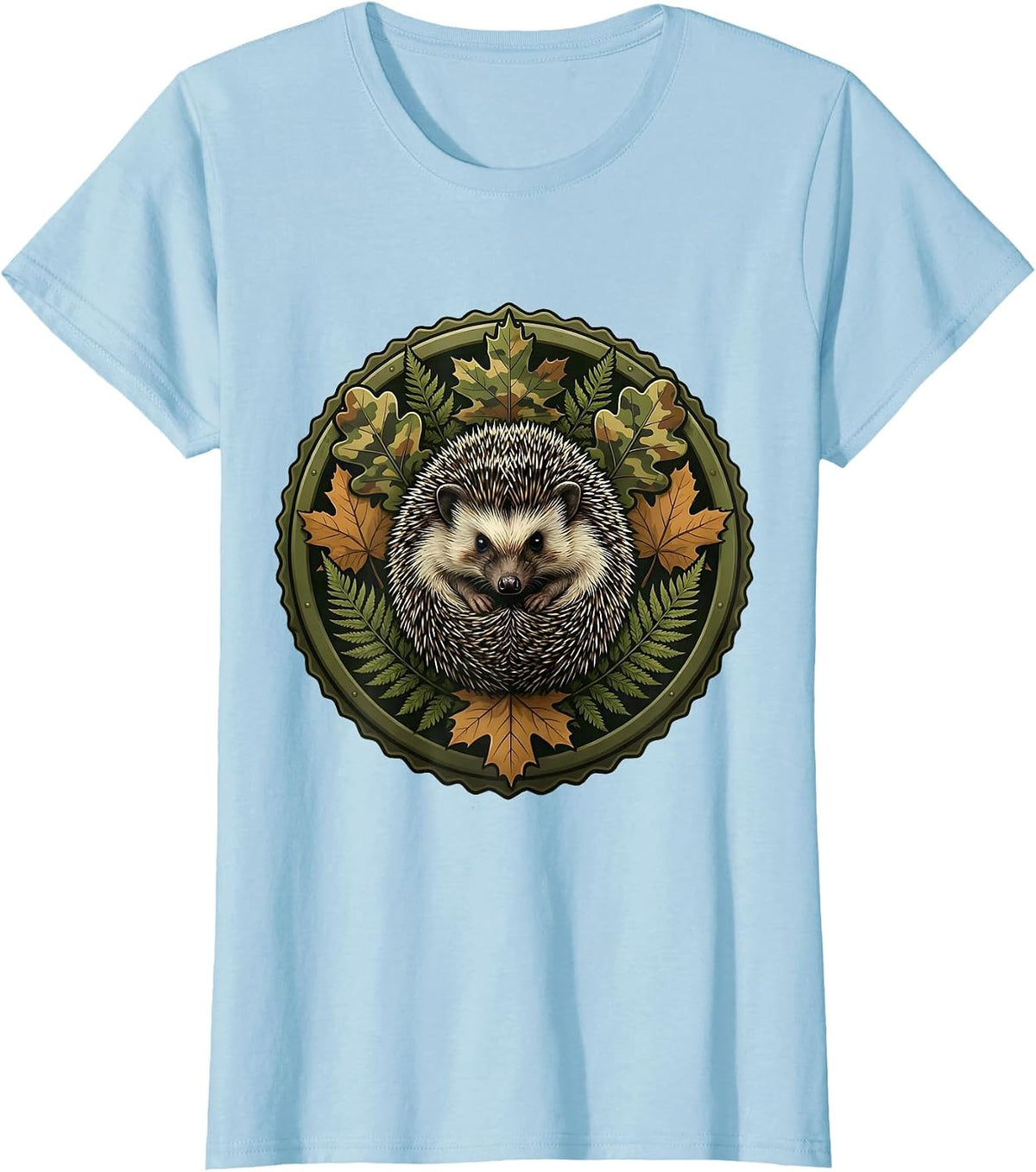 Camo Hedgehog Curled in Leaf Pile Kids Design T-Shirt - Baby Blue