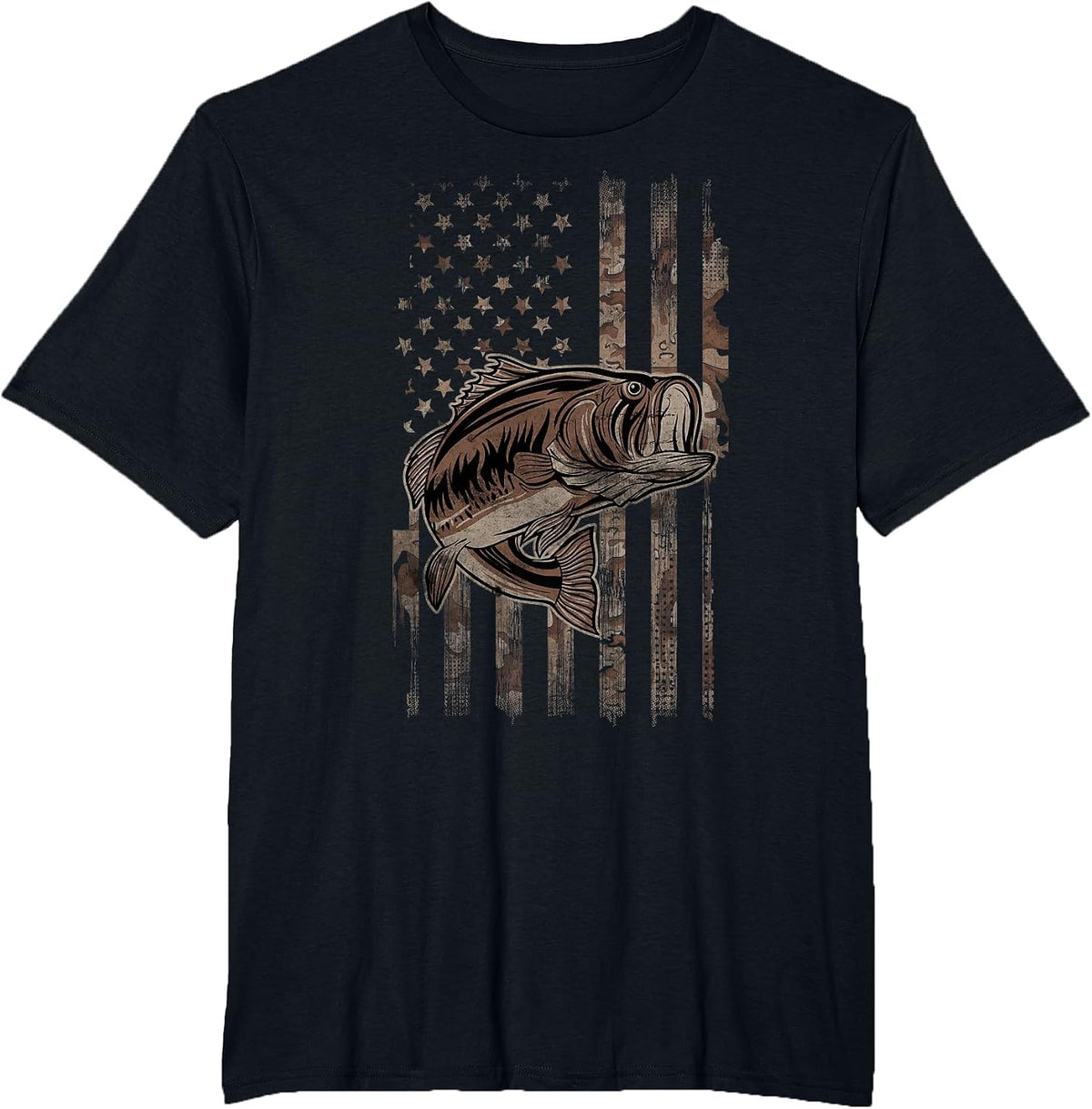 Camo American Flag Fishing Tees for Largemouth Bass Fisher T-Shirts - Black