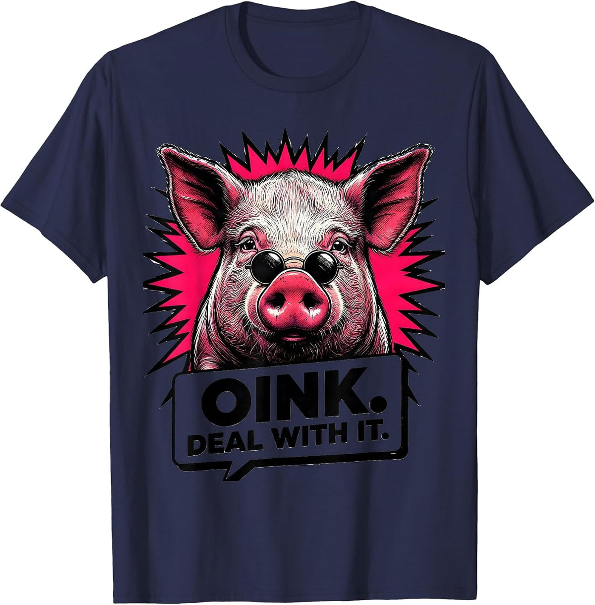 Oink Deal With It Comic Book Pig Farm Animal Lover Humor T-Shirt - Navy Blue
