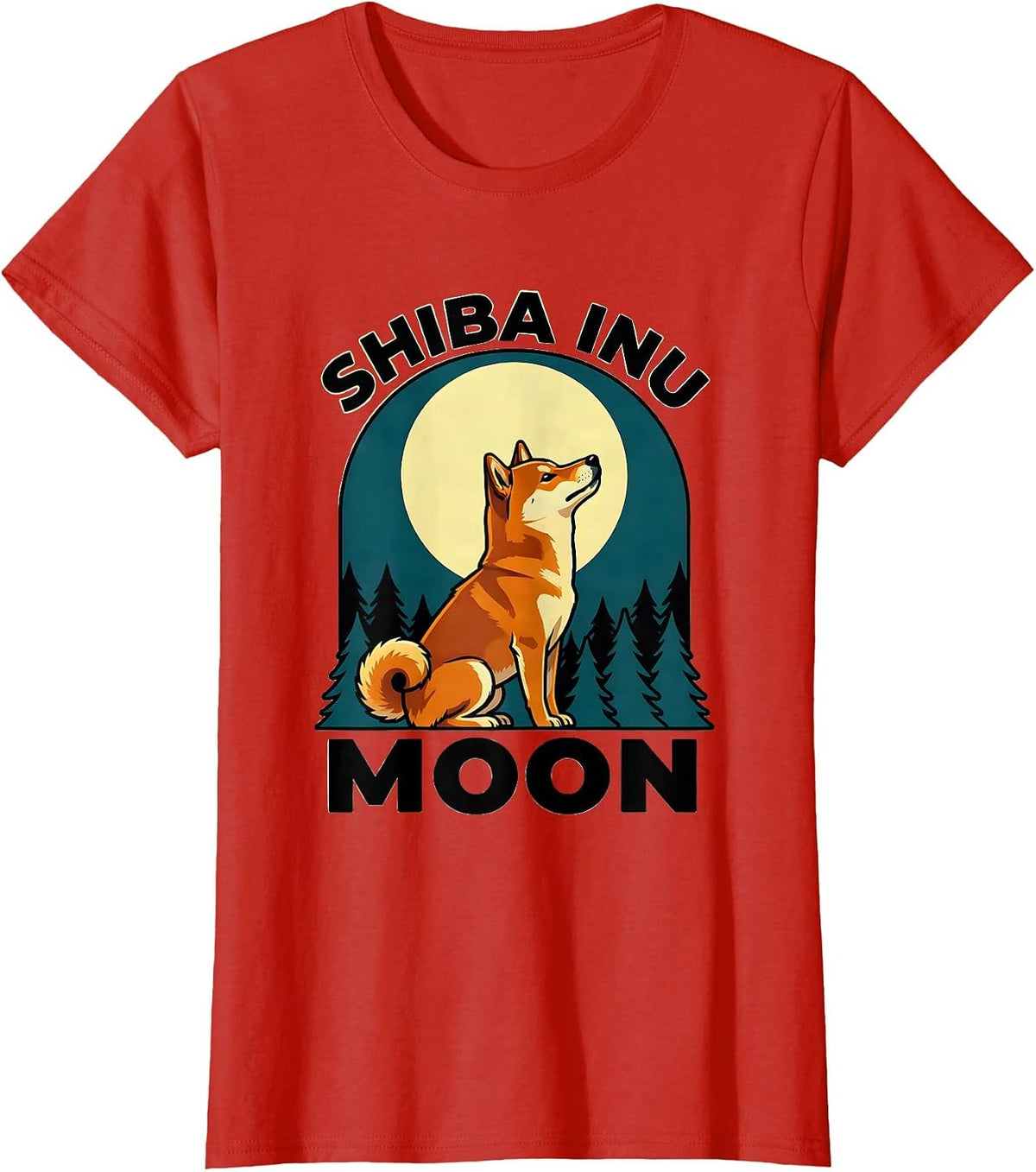 Women's Shiba Inu Moon Vintage Retro 90s Dog Breed Portrait T-Shirt - Red