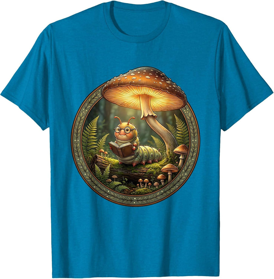 Caterpillar Reading Book Under Mushroom Lamp T-Shirt - Sapphire Blue