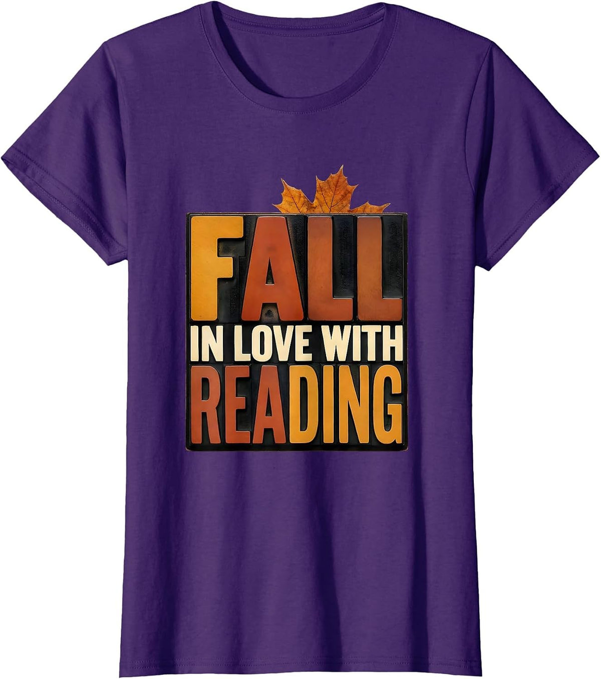Women's Fall In Love With Reading Wood Type Teacher Book Lover T-Shirt - Purple