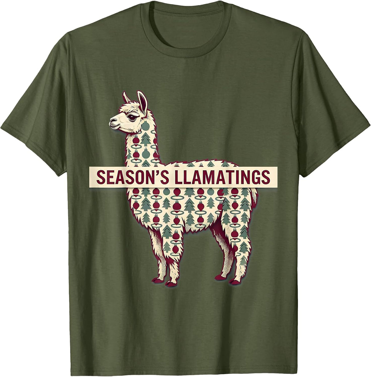 Season's Llamatings Funny Llama Christmas Animal Lover T-Shirt - Olive Green