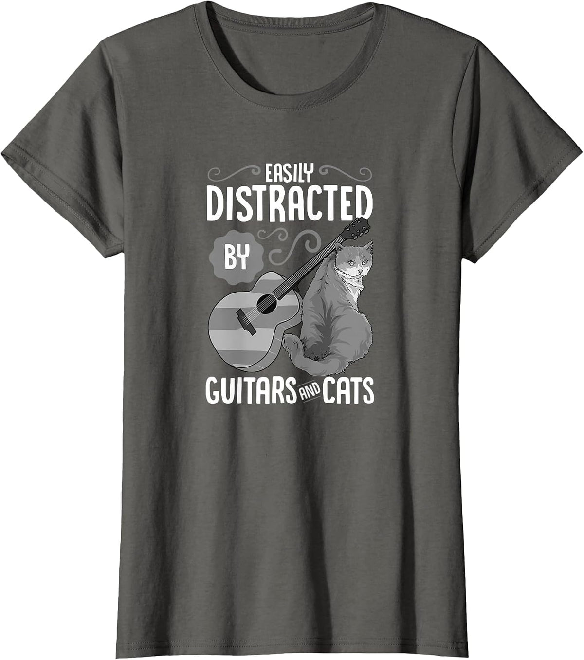 Easily Distracted by Guitars and Cats - Cat & Guitar Lover T-Shirt - Asphalt Grey