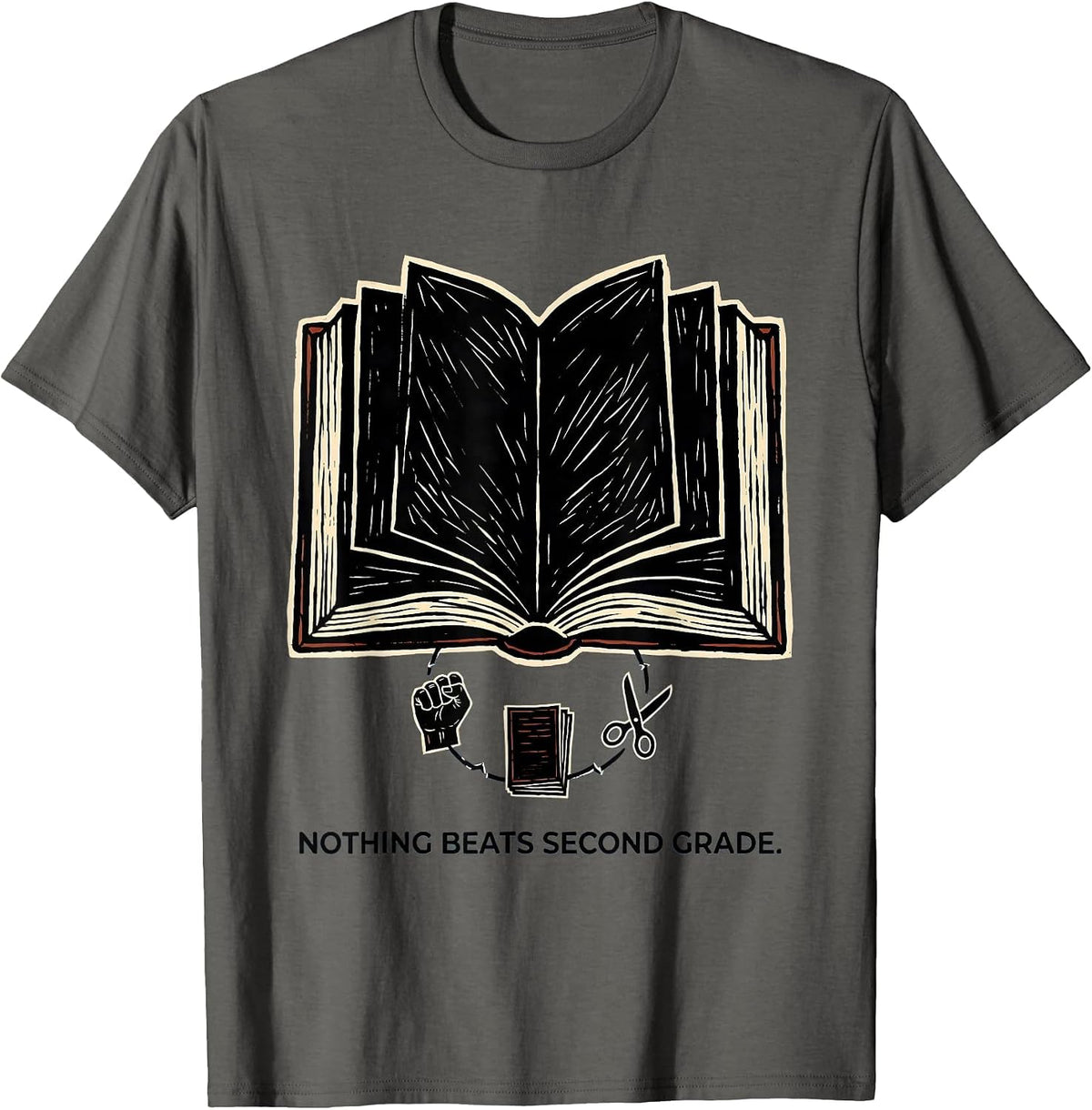 Nothing Beats Second Grade Linocut Back to School Rock Paper T-Shirt - Asphalt Grey